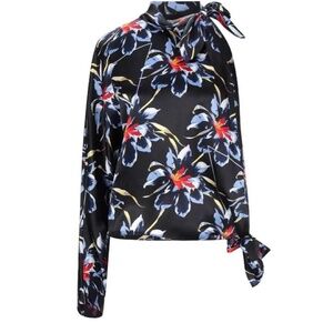 Diane Von Furstenberg One-Shoulder Silk Floral Knotted Blouse, Black